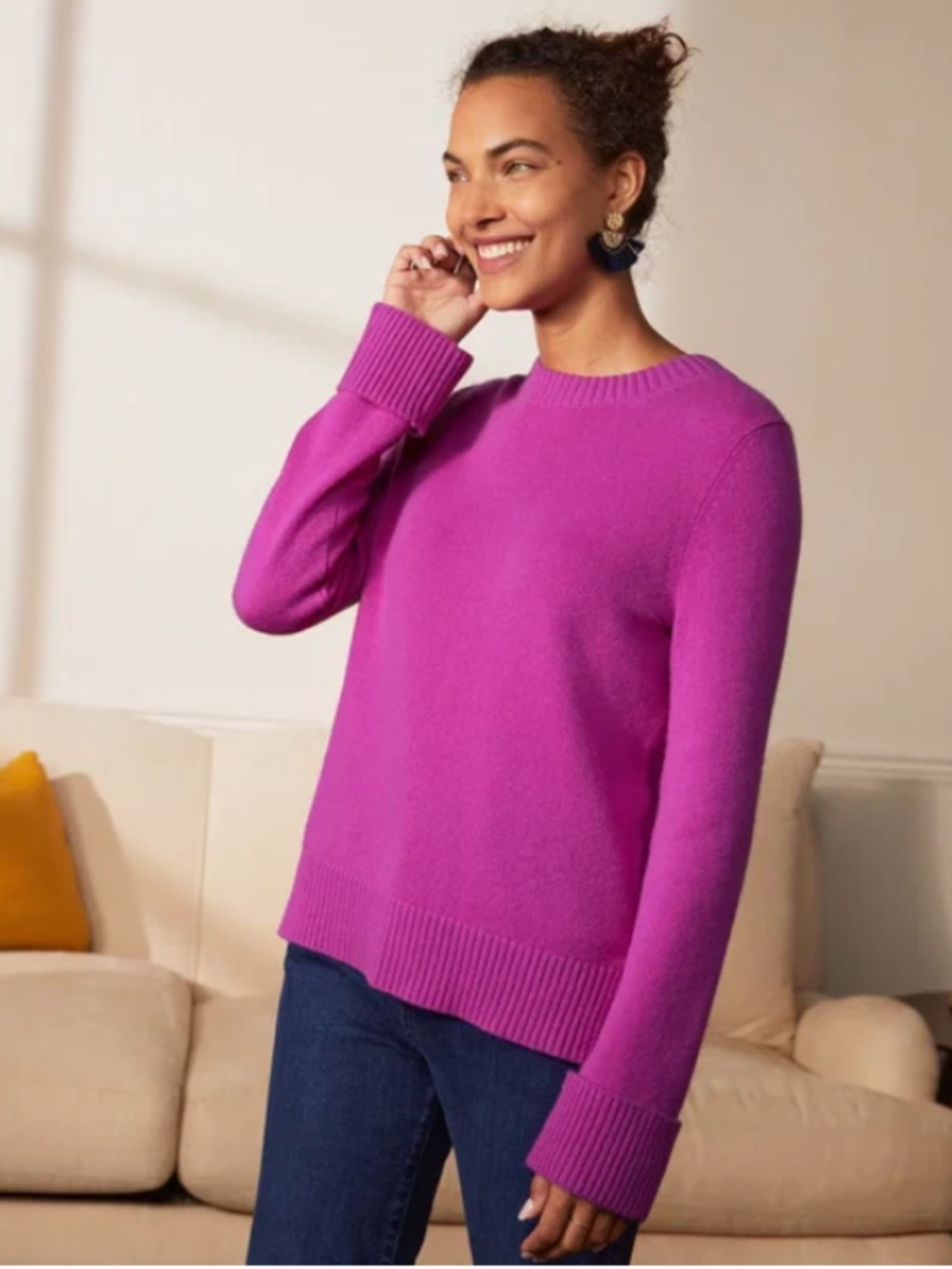 Boden 100% Cashmere Orchid Soft Sweater Ribbed Side Slit Cozy Crew Neck Boxy